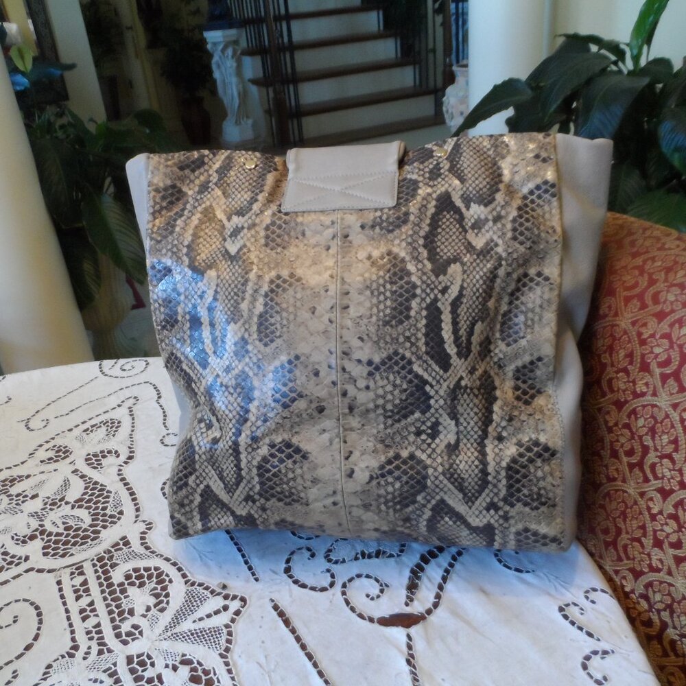 Lanvin Taupe/Beige Python Embosed Lamb Leather To… - image 4